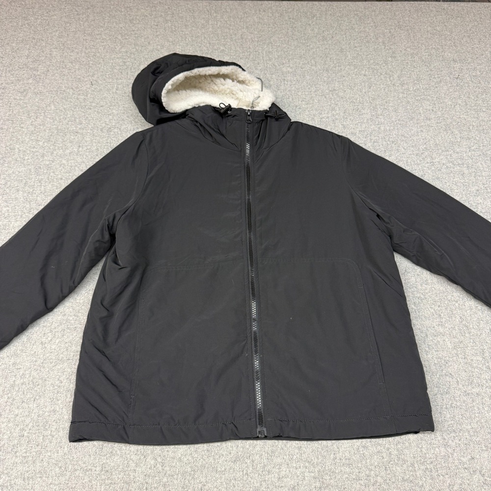 Forever 21 Hooded Jacket Small Black Sherpa Faux Fur Lined Full Zip Windbreaker